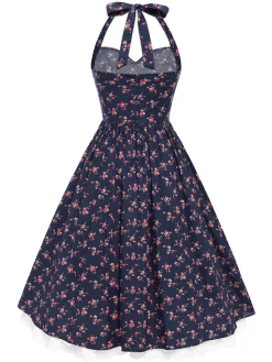 Sale Retro Stage [Pre-Sale] 1950s Halter Lace Pure Cotton Floral Dress Blue