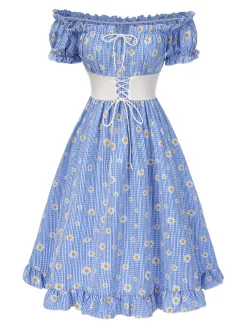 Outlet Retro Stage [Pre-Sale] 1950s Off-Shoulder Plaids Daisy Lace-Up Dress Blue