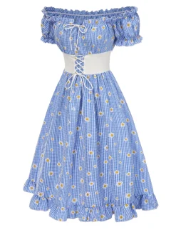 Outlet Retro Stage [Pre-Sale] 1950s Off-Shoulder Plaids Daisy Lace-Up Dress Blue