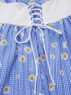 Outlet Retro Stage [Pre-Sale] 1950s Off-Shoulder Plaids Daisy Lace-Up Dress Blue