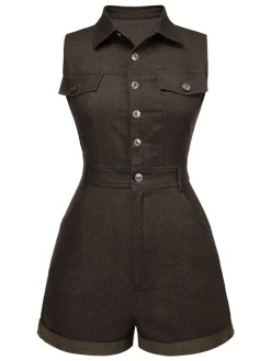 Hot Retro Stage [Pre-Sale] Brown 1970s Solid Sleeveless Denim Romper