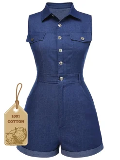 Hot Retro Stage [Pre-Sale] Brown 1970s Solid Sleeveless Denim Romper