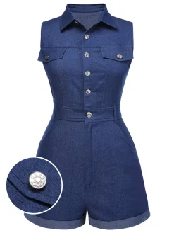 Hot Retro Stage [Pre-Sale] Brown 1970s Solid Sleeveless Denim Romper
