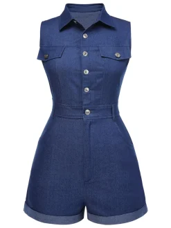 Hot Retro Stage [Pre-Sale] Brown 1970s Solid Sleeveless Denim Romper
