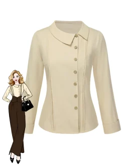 Fashion Retro Stage [Pre-Sale] 1930s Cotton Buttons Solid Blouse Cream