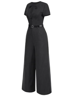 Hot Retro Stage [Pre-Sale] 1950s Striped Office Style Belted Jumpsuit Dark Gray