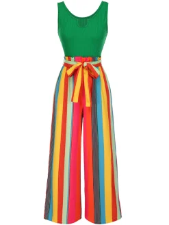 Discount Retro Stage [Pre-Sale] Green 1950s Stripes Knitted Belted Jumpsuit