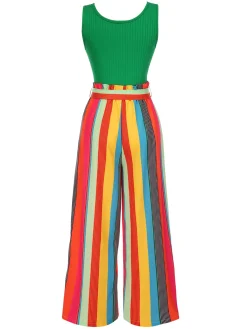 Discount Retro Stage [Pre-Sale] Green 1950s Stripes Knitted Belted Jumpsuit