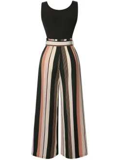 Discount Retro Stage [Pre-Sale] Green 1950s Stripes Knitted Belted Jumpsuit