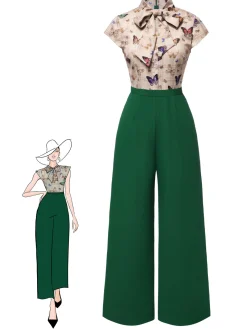 Outlet Retro Stage [Pre-Sale] 1930s Tie Neck Plaids Butterflies Jumpsuit Green