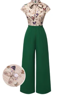 Outlet Retro Stage [Pre-Sale] 1930s Tie Neck Plaids Butterflies Jumpsuit Green