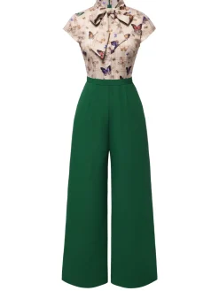 Outlet Retro Stage [Pre-Sale] 1930s Tie Neck Plaids Butterflies Jumpsuit Green