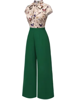 Outlet Retro Stage [Pre-Sale] 1930s Tie Neck Plaids Butterflies Jumpsuit Green