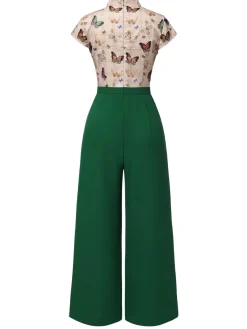 Outlet Retro Stage [Pre-Sale] 1930s Tie Neck Plaids Butterflies Jumpsuit Green