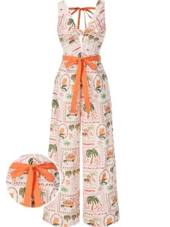 Best Retro Stage [Pre-Sale] 1950s Beach Stamps Twisted Jumpsuit Orange