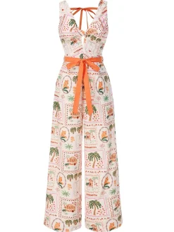 Best Retro Stage [Pre-Sale] 1950s Beach Stamps Twisted Jumpsuit Orange