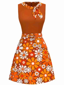 Discount Retro Stage [Pre-Sale] 1960s Boho Psychedelic Floral Belted Dress Orange