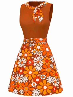 Discount Retro Stage [Pre-Sale] 1960s Boho Psychedelic Floral Belted Dress Orange