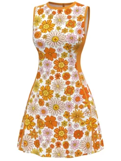 Hot Retro Stage [Pre-Sale] 1960s Round Neck Daisy Sleeveless Dress Orange