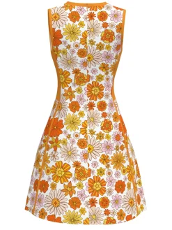 Hot Retro Stage [Pre-Sale] 1960s Round Neck Daisy Sleeveless Dress Orange