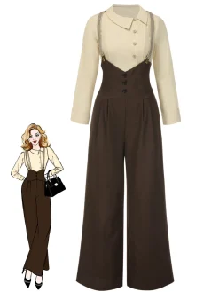 Fashion Retro Stage [Pre-Sale] 2PCS 1930s Cotton Solid Blouse & Suspender Pants Cream & Brown