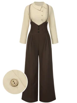 Fashion Retro Stage [Pre-Sale] 2PCS 1930s Cotton Solid Blouse & Suspender Pants Cream & Brown