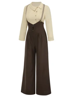 Fashion Retro Stage [Pre-Sale] 2PCS 1930s Cotton Solid Blouse & Suspender Pants Cream & Brown