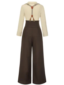 Fashion Retro Stage [Pre-Sale] 2PCS 1930s Cotton Solid Blouse & Suspender Pants Cream & Brown