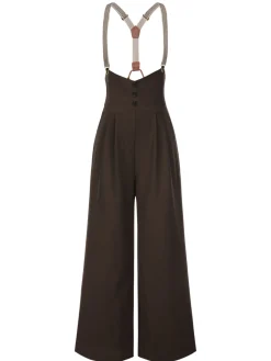 Fashion Retro Stage [Pre-Sale] 2PCS 1930s Cotton Solid Blouse & Suspender Pants Cream & Brown