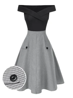 Discount Retro Stage [Pre-Sale] 2PCS 1950s Off-Shoulder Top & Pocket Plaids Skirt Black & Grey