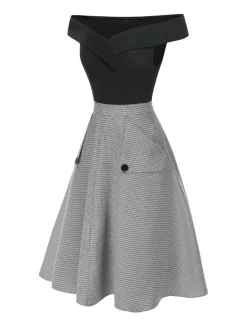 Discount Retro Stage [Pre-Sale] 2PCS 1950s Off-Shoulder Top & Pocket Plaids Skirt Black & Grey