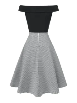 Discount Retro Stage [Pre-Sale] 2PCS 1950s Off-Shoulder Top & Pocket Plaids Skirt Black & Grey