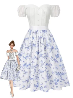 Best Retro Stage [Pre-Sale] 2PCS 1950s Off-Shoulder Puff Top & Floral Skirt White