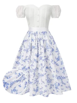 Best Retro Stage [Pre-Sale] 2PCS 1950s Off-Shoulder Puff Top & Floral Skirt White