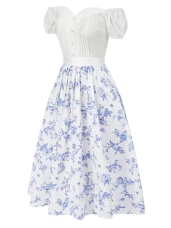 Best Retro Stage [Pre-Sale] 2PCS 1950s Off-Shoulder Puff Top & Floral Skirt White