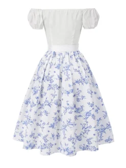 Best Retro Stage [Pre-Sale] 2PCS 1950s Off-Shoulder Puff Top & Floral Skirt White