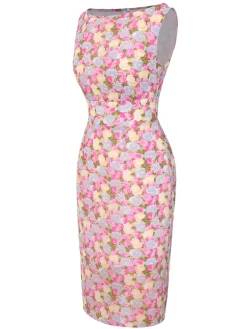 Discount Retro Stage [Pre-Sale] 1960s Boat Neck Floral Bodycon Dress Pink