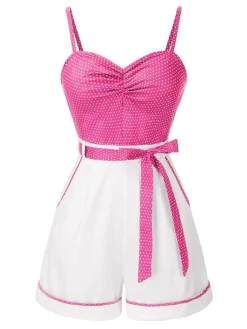 New Retro Stage [Pre-Sale] Pink 1940s Polka Dot Patchwork Suspender Romper