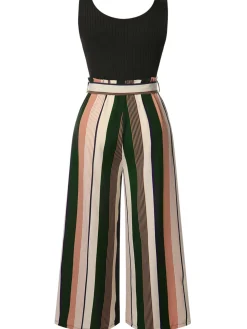 Clearance Retro Stage [Pre-Sale] [Plus Size] 1950s Stripes Knitted Belted Jumpsuit Black