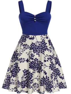 Discount Retro Stage [Pre-Sale] [Plus Size] 1950s Floral Button Sweetheart Neck Dress Blue
