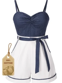 Outlet Retro Stage [Pre-Sale] [Plus Size] 1940s Polka Dot Patchwork Suspender Romper Blue
