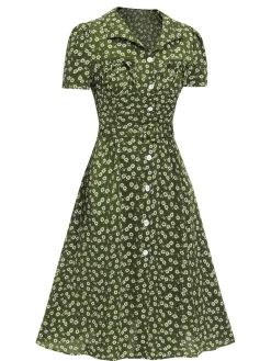 Fashion Retro Stage [Pre-Sale] [Plus Size] 1940s Lapel Buttons Ditsy Floral Dress Green