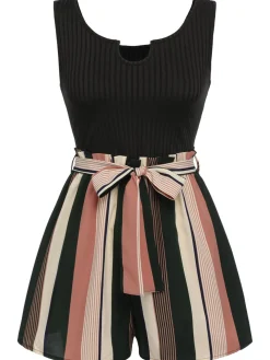 Fashion Retro Stage [Pre-Sale] [Plus Size] 1950s Stripes Knitted Belted Romper Black