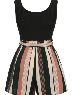 Fashion Retro Stage [Pre-Sale] [Plus Size] 1950s Stripes Knitted Belted Romper Black