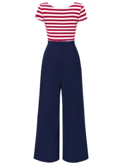 Fashion Retro Stage [Pre-Sale] Red 1950s Hollow Bow Stripe Patchwork Jumpsuit