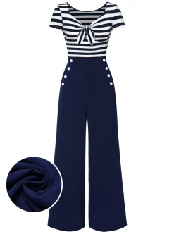 Fashion Retro Stage [Pre-Sale] Red 1950s Hollow Bow Stripe Patchwork Jumpsuit