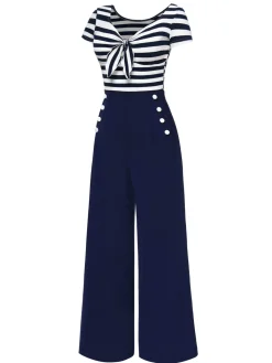 Fashion Retro Stage [Pre-Sale] Red 1950s Hollow Bow Stripe Patchwork Jumpsuit