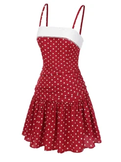 Best Retro Stage [Pre-Sale] 1960s Lace Patchwork Polka Dots Pleated Dress Red
