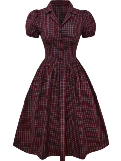 Sale Retro Stage [Pre-sale] 1950s Plaid Lapel Puff Sleeves Cotton Dress Red