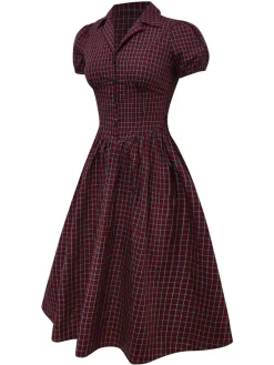 Sale Retro Stage [Pre-sale] 1950s Plaid Lapel Puff Sleeves Cotton Dress Red
